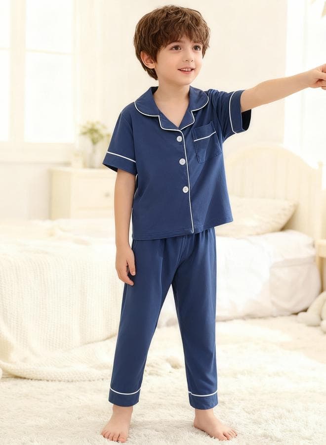 Boys Navy Blue Short Sleeve Shirt And Pyjama Set
