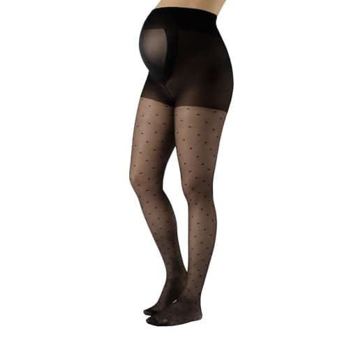 CALZITALY Maternity Pantyhose - Sheer Black Tights with Polka Dots - Italian Hosiery Pregnancy Tights for Women 20 Den - Reinforced Toe & Leg Support - S,M,L,XL Made in Italy