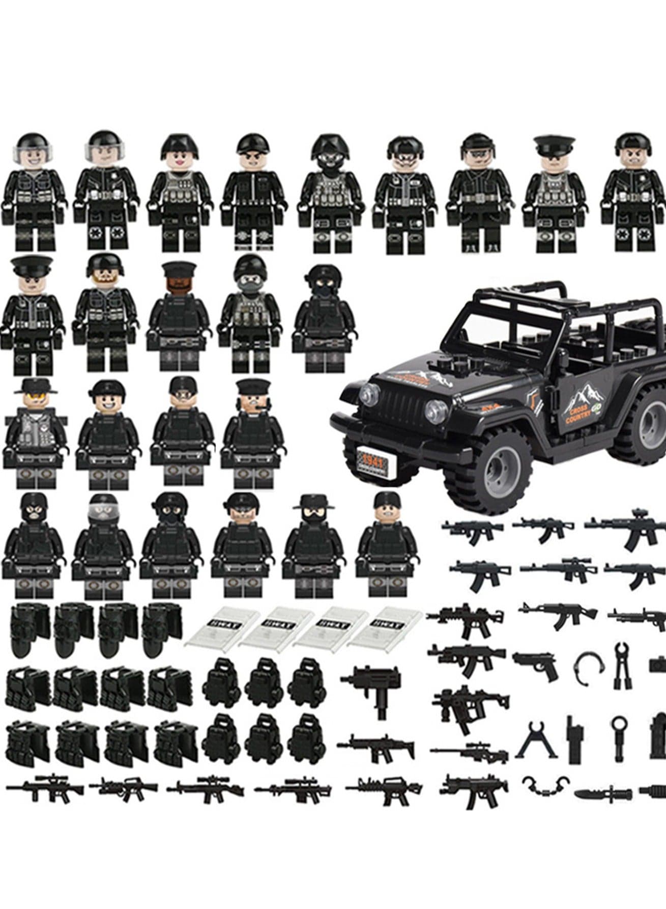 Military Building Block Set Black Police Car Police Doll Small Particle Assembly Toy (22 Models Of Villains + Black Police Car)