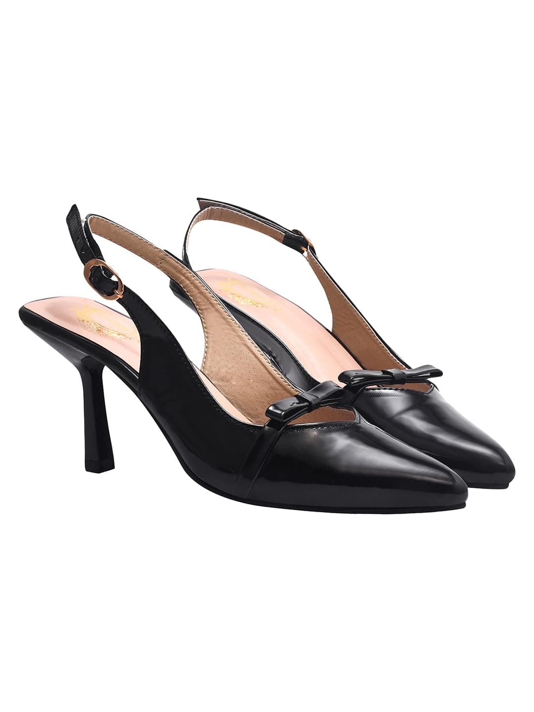 Shoetopia Women's Black Slingback Pumps – Pointed Toe Elegant Stylish Classic High Heels with Bow Knot and Adjustable Strap EU38