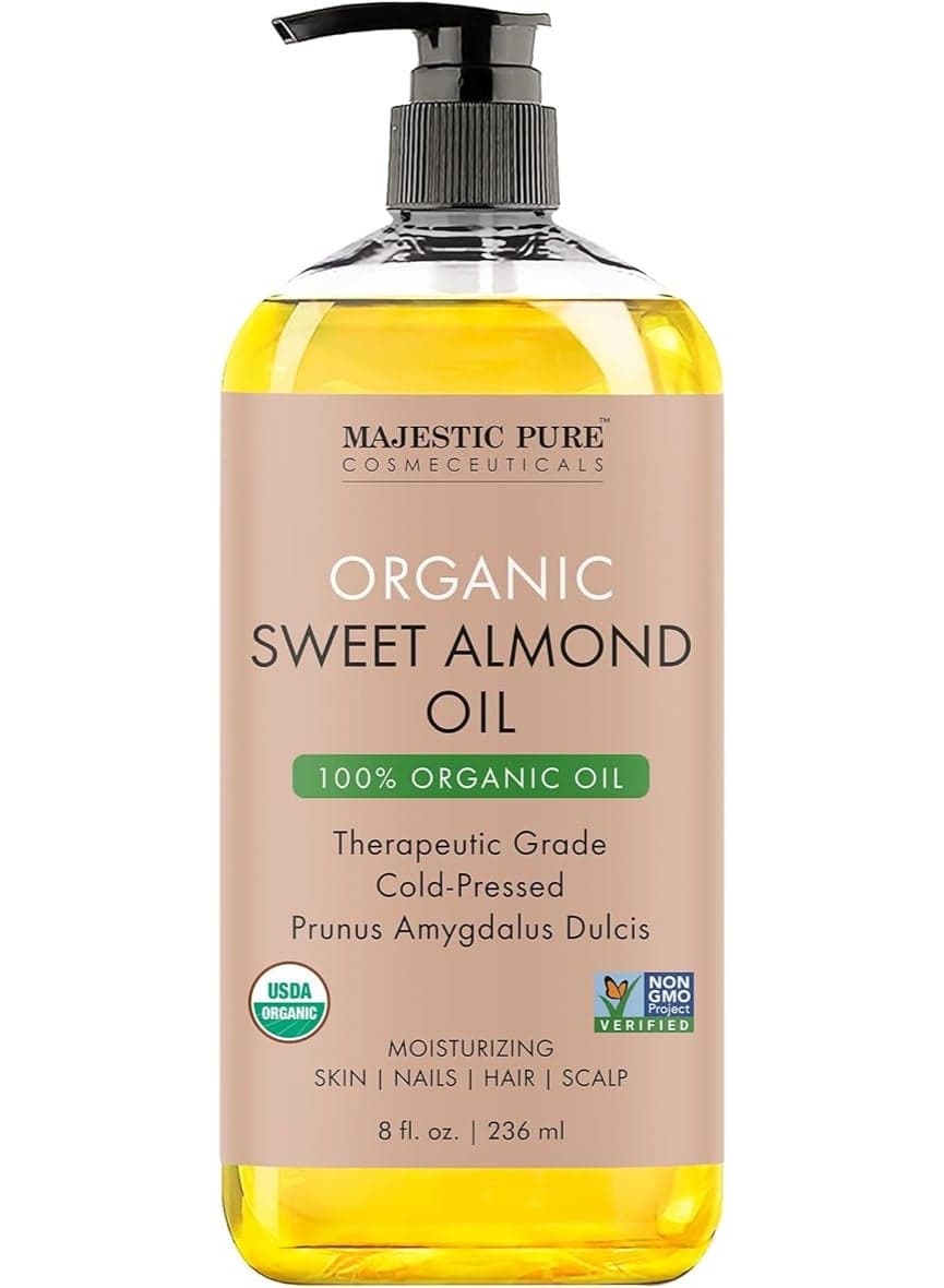 Majestic Pure USDA Organic Sweet Almond Body Oil | Large 236 ml | 100% Pure & Natural Cold Pressed Oil Sweet Almond Oil for Skin, Face, Nails, Hair, Scalp & Massage | 236 ml