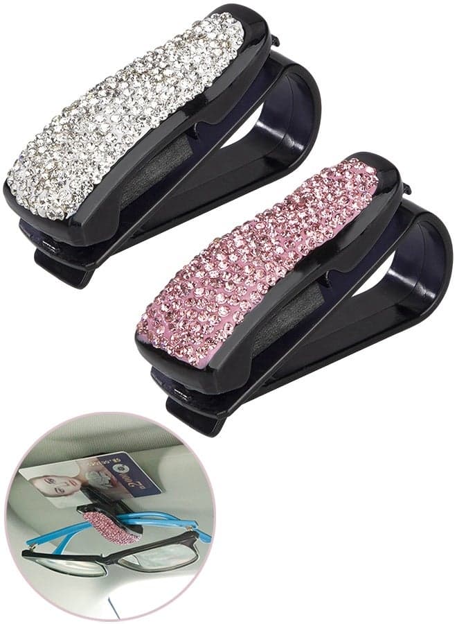 Car Sun Visor Glasses Holder, 2 Pack Bling Rhinestone Sunglasses Clips, with Ticket Card Clip Function, Suitable for Car Eyeglasses and Sunglasses