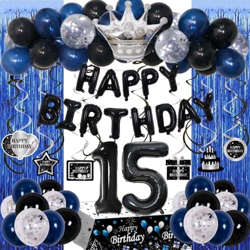 15th Birthday Decorations for Boys Girls Blue Black Happy 15th Birthday Decorations Boy 15 Year Old Birthday Balloons Banner Tablecloth Fringe Curtains Hanging Swirls Boy 15 Bday Party Decor