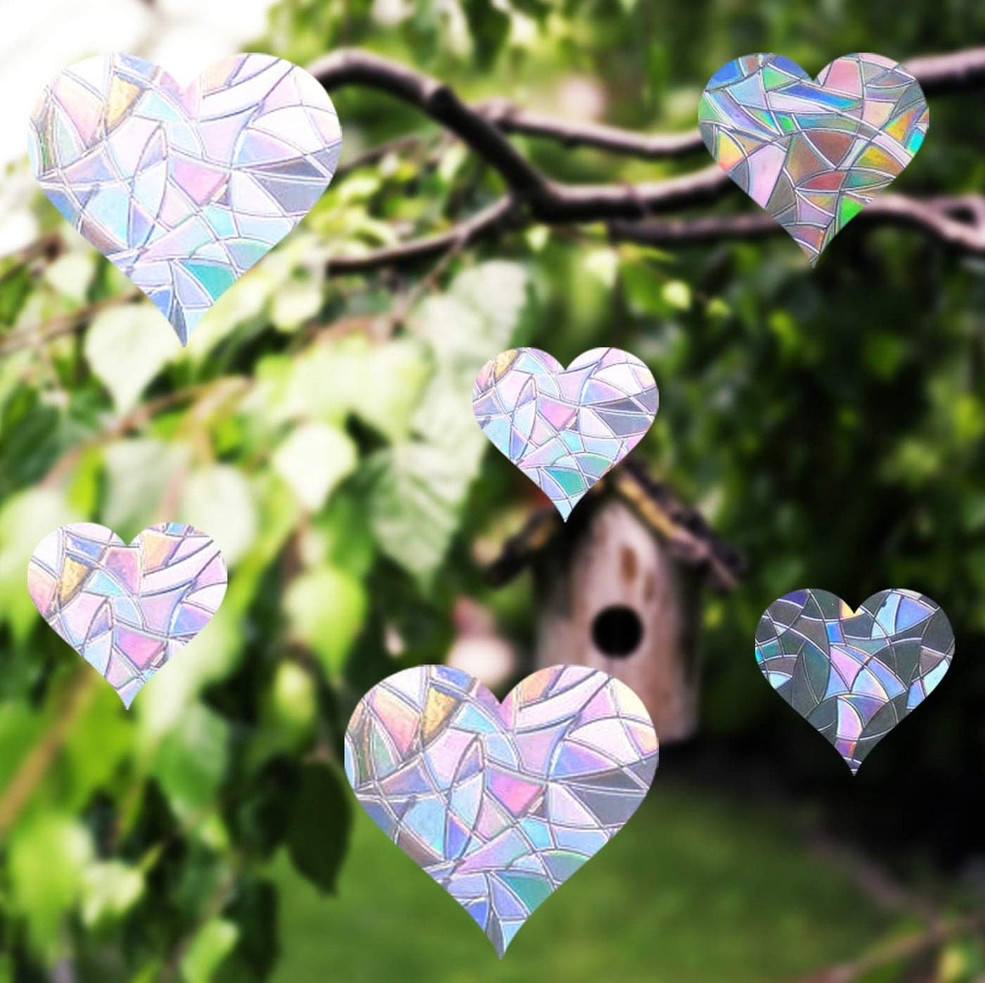 24 Pieces Heart Window Clings - Anti-Collision Decals to Save Birds from Glass Collisions,Non Adhesive Prismatic Vinyl Clings, Reusable Rainbow Stickers
