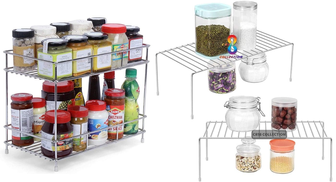 12For Collection Big Size 2 Layer Stainless Steel Spice Rack - Modular Storage Rack - 2Pcs Expandable Dish Rack Shelves for Kitchen Countertop, Step Shelf