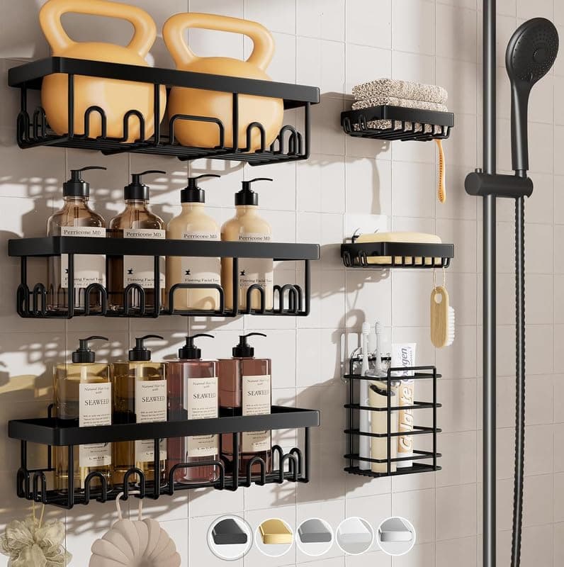 JIALTO Stainless Steel Shower Caddy 6-Pack, Adhesive Bathroom Shelves Rack with Soap Holder, Large Capacity Organizers and Storage, No Drilling Wall-Mounted for Kitchen & Home Decor, Bath Décor