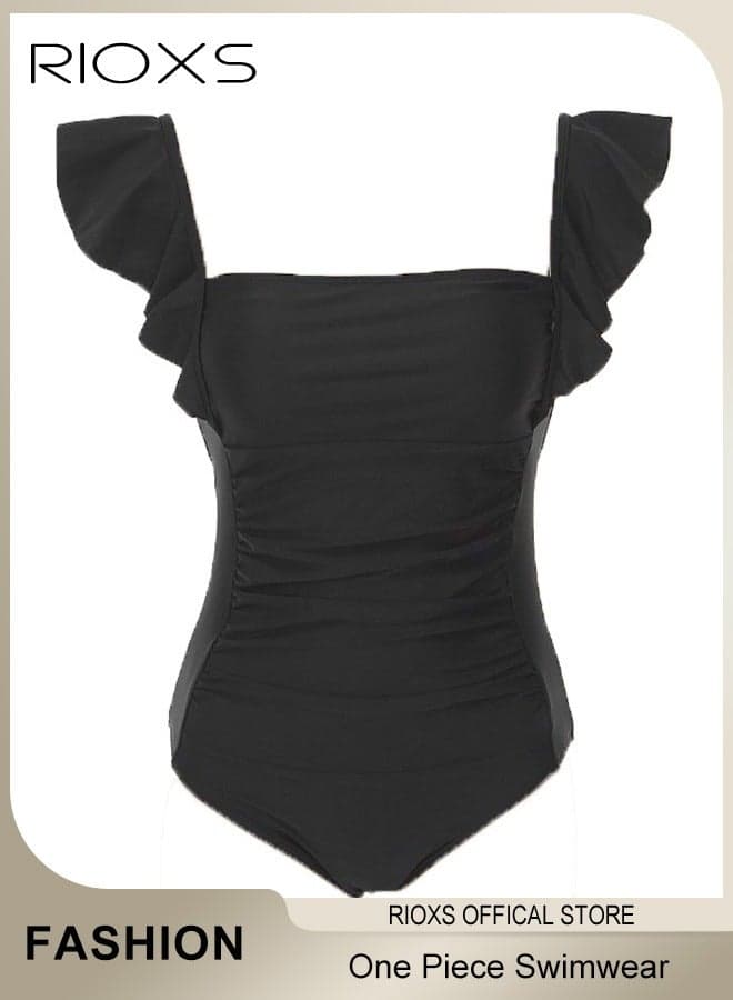 Women's Swimwear, Classic One-Piece Swimsuit, Tummy Control Ruffle Bathing Suit, Push Up Padded Swimwear, Ladies Swimsuit With Back Adjustable Strap, Square Neck Ruffle Sleeve Bathing Suit, Ladies Swimwear For Beach Hawaii Pool-Black Slimming Swimwear — L
