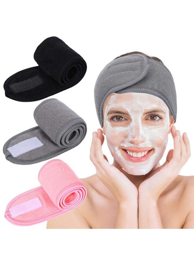 Spa Facial Headbands 3 Pieces Make Up Wrap Head Terry Cloth Headband Soft Adjustable Towel Band for Face Washing Shower Facial Cover Yoga(Black, Pink, Gray)