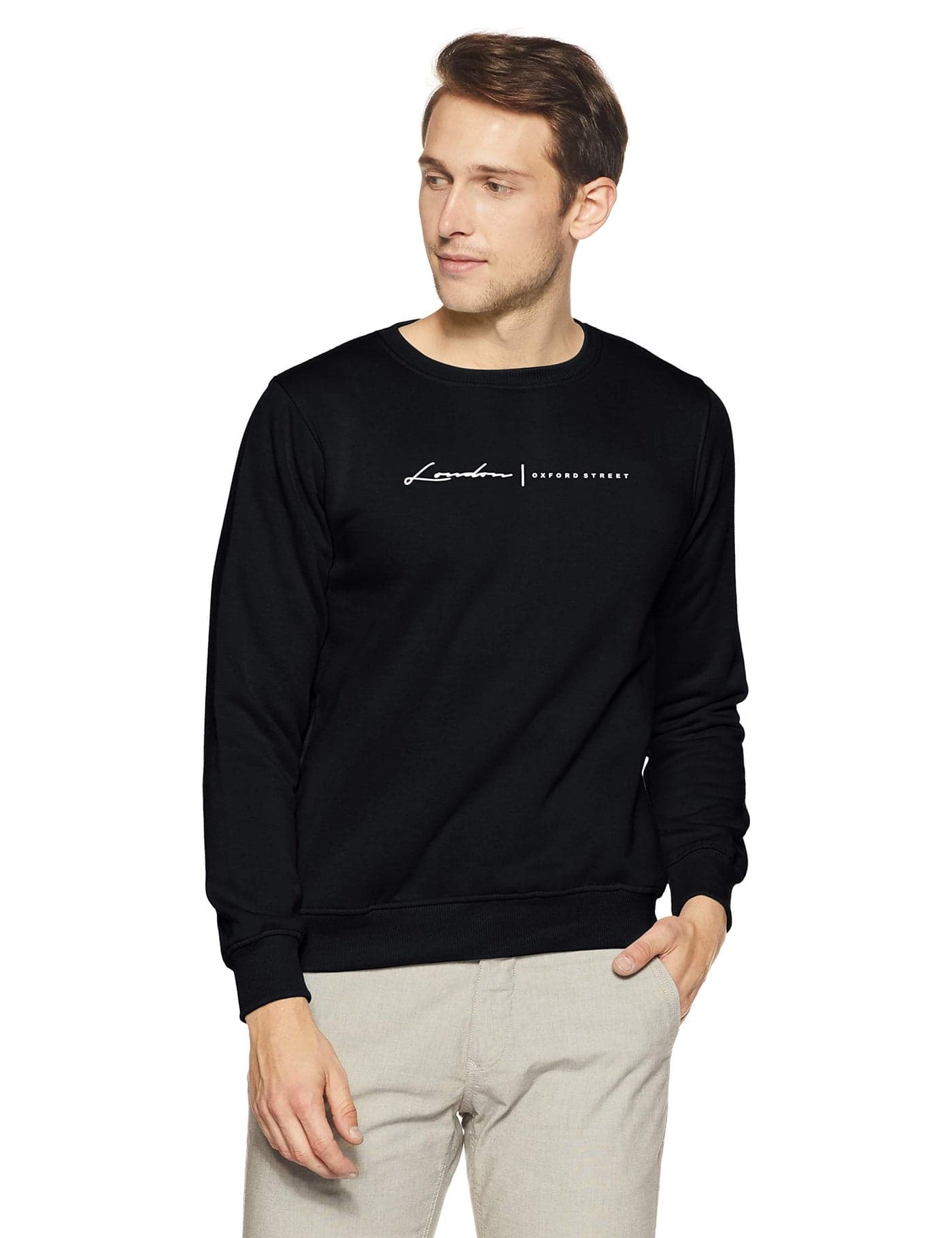 Qube By Fort Collins Men's Cotton Round Neck Sweat Shirt (929241 SMU_Black_M_Black_M)