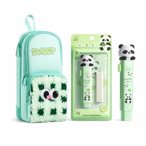 Parshya Cute Green Pencil Pouch with Push-Pull Eraser Set for Kids | Soft Plush Cartoon Stationery Combo | School Supplies for Boys & Girls | Multi-Pocket Zipper Case + Eraser | Gift Pack