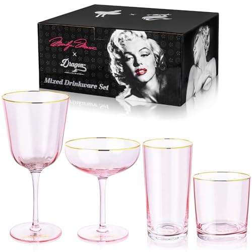 Dragon Glassware x Marilyn Monroe Pink Drinkware Set of 4 Includes Wine Martini Whiskey Drinking Glasses Marilyn Monroe Gifts for Women Pink Glassware Set
