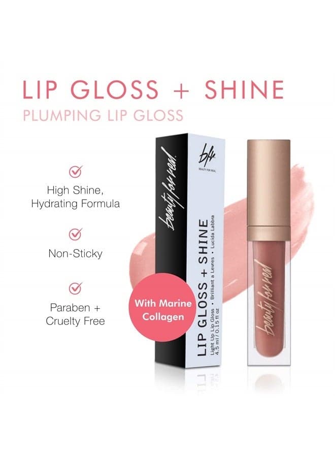 Lip Gloss + Shine, Nudist - Beige Nude Pink - Non-Sticky Plumping & Hydrating Gloss - Light & Mirror In Cap - Contains Marine Collagen - 0.15 fl oz