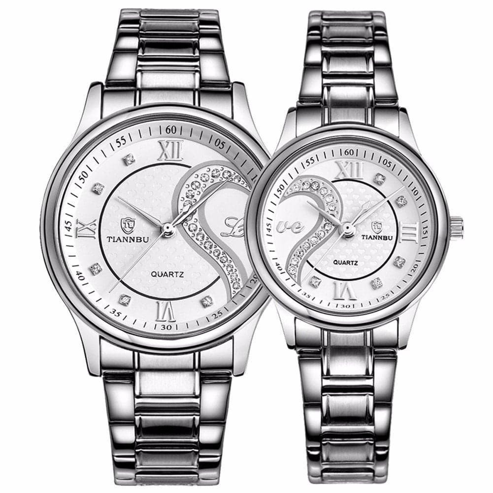 DREAMING QP Valentines Stainless Steel Romantic His and Hers Pair Hearts Wrist Watches for Man Woman Fq102 Silvery White Set of 2