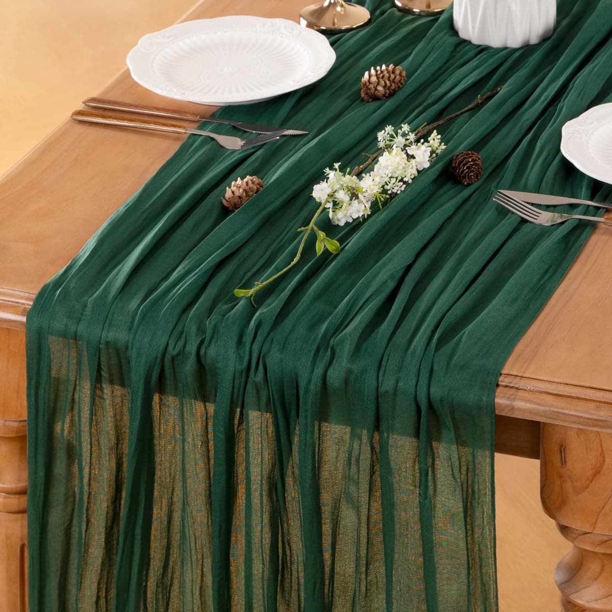 LINXTAR Emerald Green Table Runner Cheesecloth Table Runner 10FT Rustic Table Runners 35 x 122 Inches Boho Decoration for Home Wedding Baby Shower Birthday Party