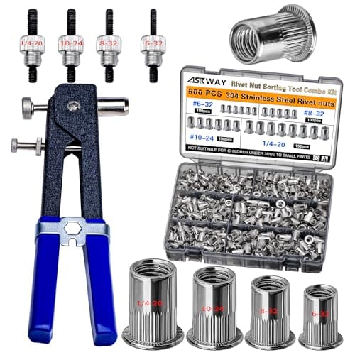 Stainless Steel Imperial Rivet Nut Tool Kit 500pcs, SAE Rivet Nut Combination (1/4-20、10-24、8-32、6-32), Suitable for Automotive Industrial Applications (ASE Stainless Steel 500pcs)
