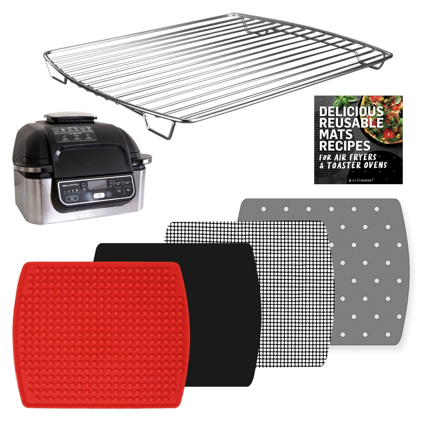 Air Fryer Rack and Reusable Liners For Ninja Foodi Grill 5in1 AG301 4qt Airfryer Accessories Replacement for Parchment Paper Heat Resistant Mats and Stainless Steel Cooking Rack by INFRAOVENS