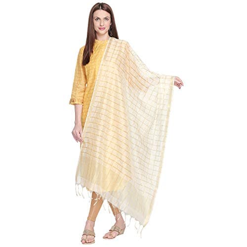 DUPATTA BAZAAR Woman's Checkered Blended Silk White & Gold Dupatta