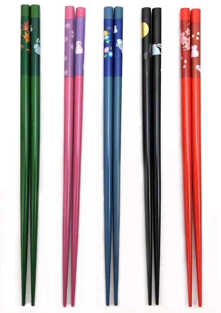 JapanBargain 3644 Bamboo Chopsticks Reusable Japanese Chinese Korean Chopsticks Set Wood Chop Sticks Hair Sticks 5 Pair Gift Set Dishwasher Safe 9 inch 1 BunnyColor