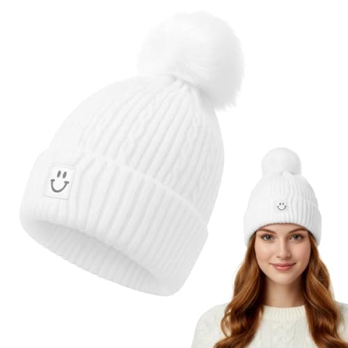 Zibuyu® Winter Caps for Women, Beanie Cap forComen with Pom-Pom Thick Wool Yarn Warm Ear Coverage, Stretch Fit, Versatile Casual & Ski Style Beanie Cap for Cold Weather Comfort, White