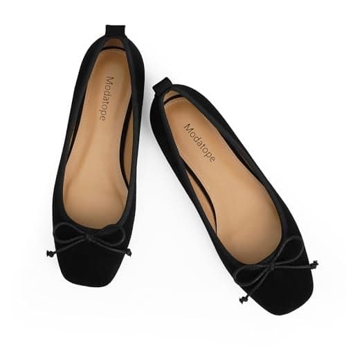 Modatope Black Flats for Women Dressy Ballet Ballerina Bow Bowknot Suede Closed Square Toe Slip on Flats Shoes Size 9