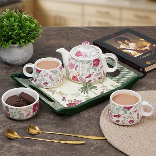 CRAF10 Ceramic Handcrafted Blossom Breeze Small Tea Set - 1 Kettle (350 ML), 2 Cups (160 ML), 1 Bowl (for Sugar or Snacks), 1 Tray | Microwave & Dishwasher Safe | Teapot | Gifting Option