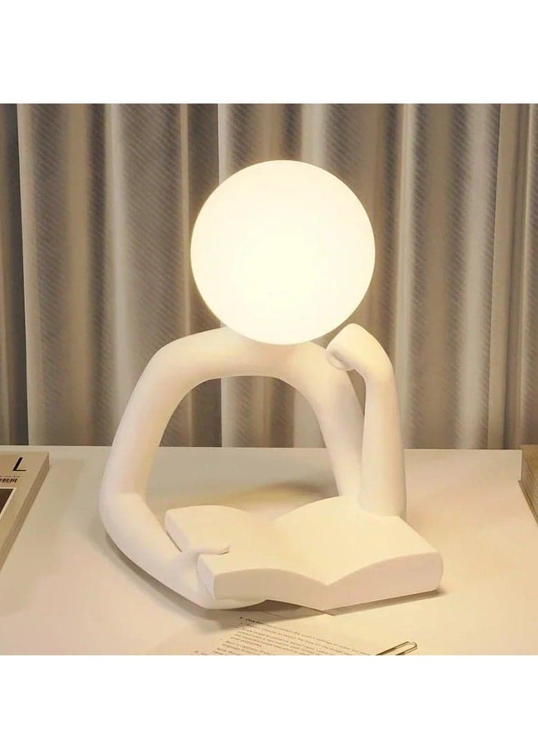 Couple Statue Sculpture Book Reader Table Lamp Ornament Modern Art Figurines Table Top - Moon Thinker White