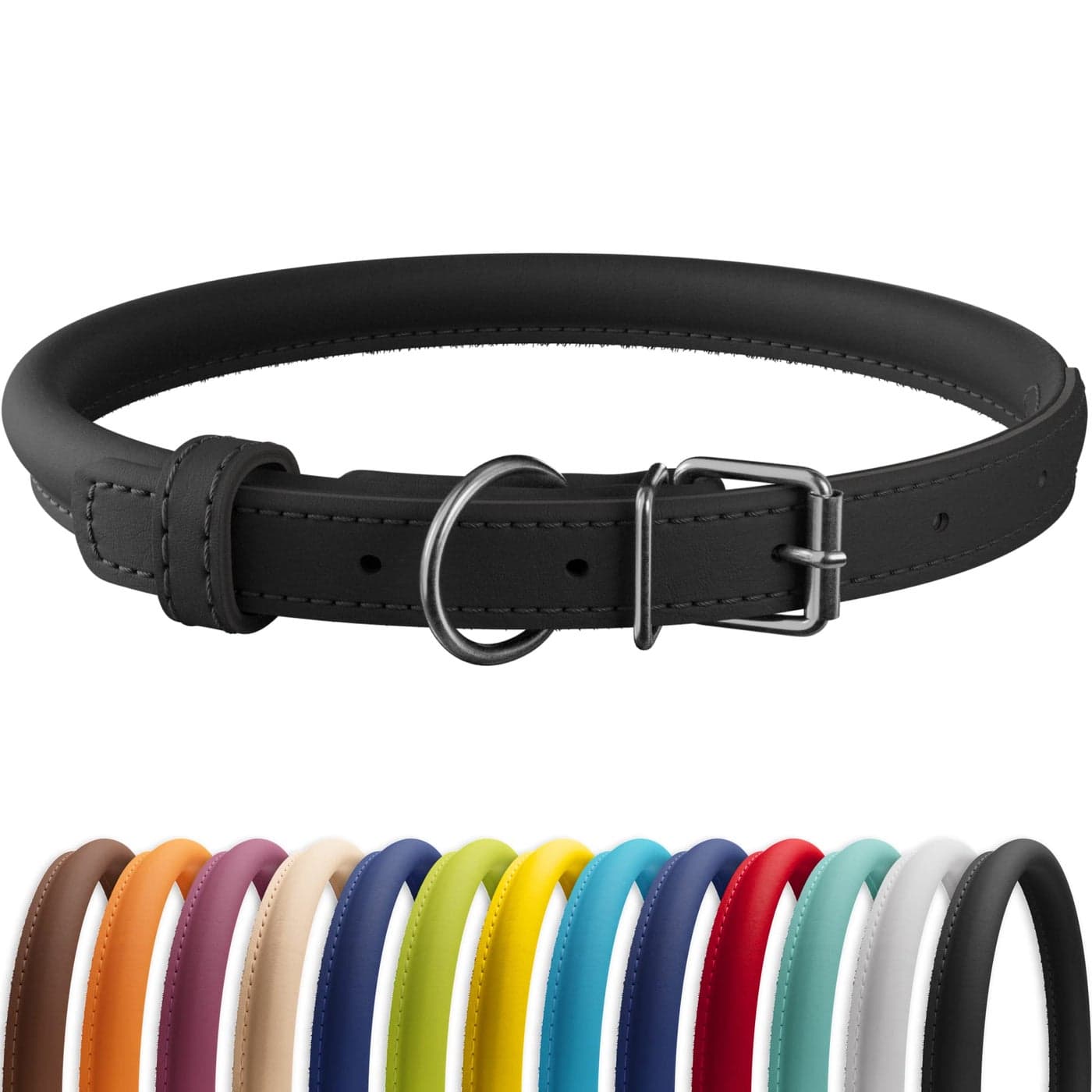 CollarDirect Rolled Leather Dog Collar, Soft Padded Round Puppy Collar, Handmade Genuine Leather Collar Dog Small Large Cat Collars 13 Colors (11-14 Inch, Black Smooth)