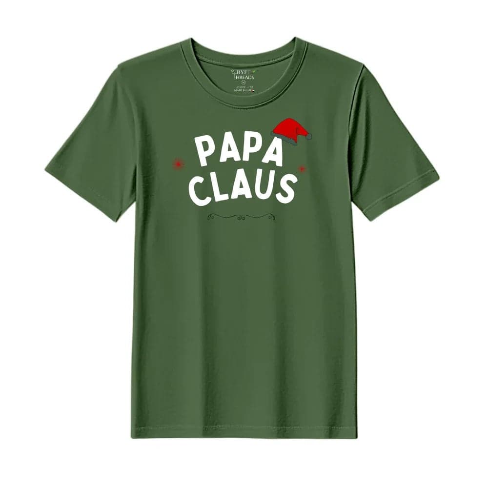 BYFT Threads Large Forest ELF Green Polycotton T-Shirt - Christmas "Papa Claus Hat" Printed Design, Premium Holiday Collection