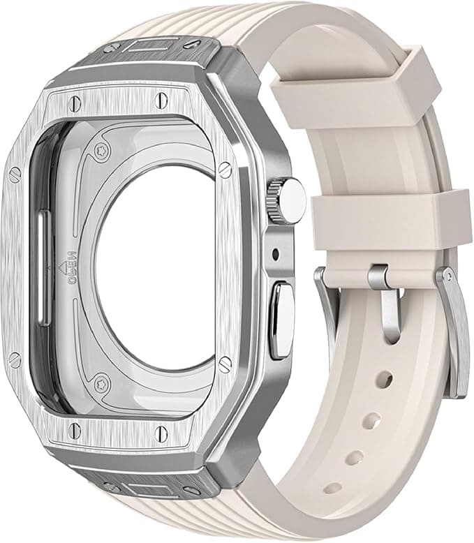 UniqTry Metal Protective Rugged Tough Protective Steel Case with Silicone Band Compatible with Apple Watch Bands 45mm 44mm iWatch Series 9 8 7 6 5 4 SE - White Silver