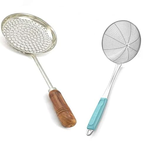 Faas Stainless Steel Boondi Jhara With Wooden Handle for Ladoo Making + Deep Fry Net Spoon Oil Strainer With Long Handle - Best Kitchen Combo for Puri Making
