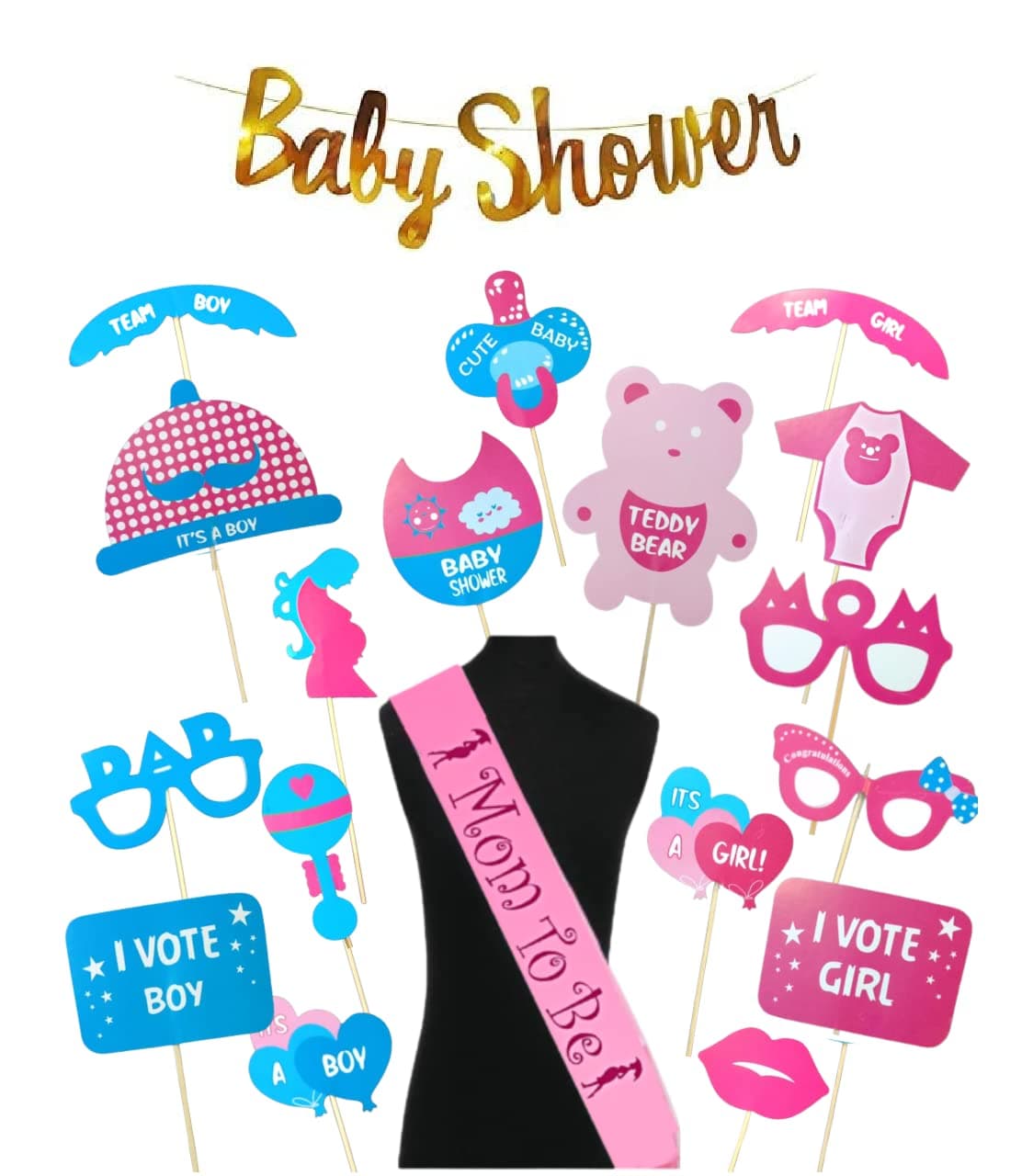 FI - FLICK IN 20 Pcs Baby Shower Decoration Items Set for Mommy to Be Sash Mom to Be Decoration Kit Banner Baby Shower Props Set (Pack of 20, Multicolor)
