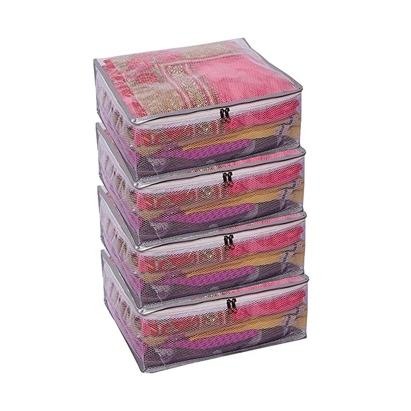 Kuber Industries Transparent Net Saree Covers With ZipPVC Wardrobe Organizer For ClothesIdol For Dresses Suits Baby ClothesPack of 4 Grey