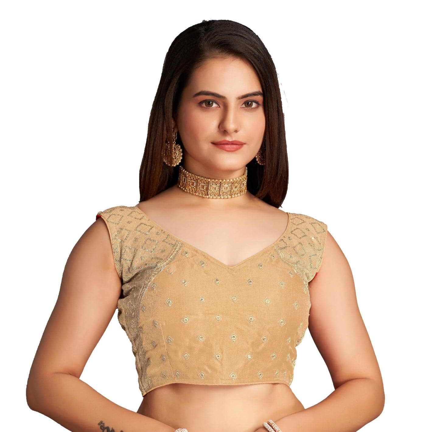 Pujia Mills Women's Sequin Embroidered V Neck Sleeveless Gold Readymade Saree Blouse Indian Ethnic Stitched Padded Blouses for Women
