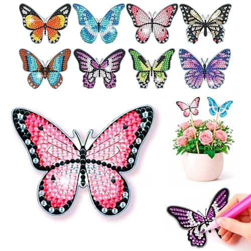 BEAUTYMEHNDI STORE 8 Pack Diamond Art Butterfly Plant Stakes DIY Mini Diamond Painting Kit for Adults Garden Decor Partial Drill Jewel Art Small Craft for Indoor Outdoor Plants Adult