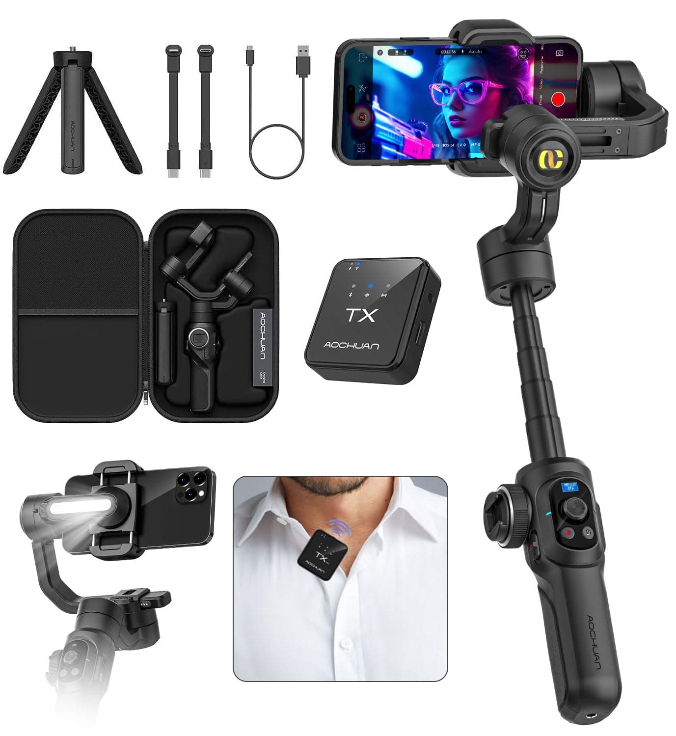 S2 Mic Smartphone Gimbal Stabilizer w/Wireless Lavalier Microphone, Built-in 18cm Extension Rod & Fill Light, Professional 3-Axis Gimbal for iPhone & Android for Video Recording