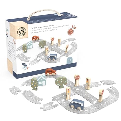 SPEEDY MONKEY Wooden Car Track Set Road Puzzle Toy with Interlocking Track Pieces and Toy Car Play for Boys Girls FSC Certified Fun Wheels Route Puzzle Game for Toddlers Kids