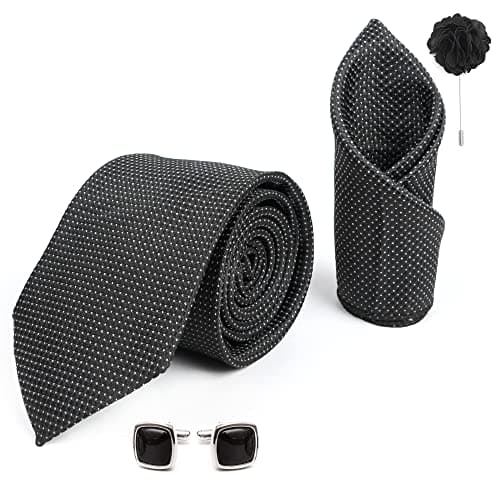 RIZORO Tie for Men – Dotted Silk Neck Ties Set with Cufflinks Flower Pin, Pocket Square & Black Gift Box, Combo Necktie Sets for Office Wear, Formal Suits & Weddings (Black, A10BKRX)