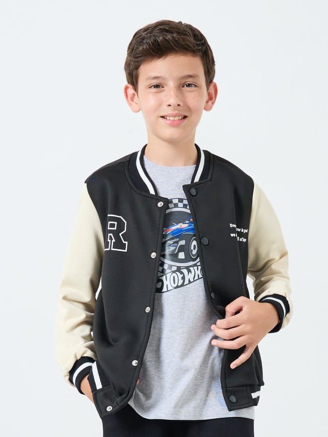 Teens Black Color Block Bomber Jacket — 13-14 YRS