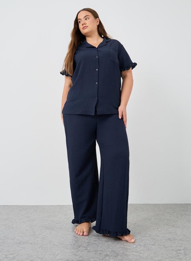 Plus Size Textured Short Sleeve Shirt And Pyjama Set