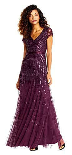Adrianna Papell Women's Long Beaded V-Neck Dress with Cap Sleeves and Waistband, Cassis, 4