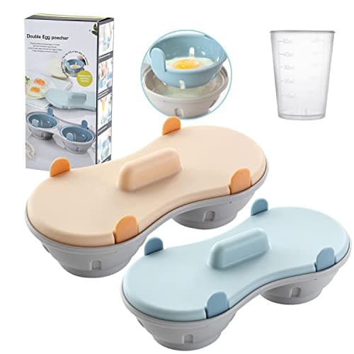 Microwave Egg Poacher, 2 Packs Poached Egg Cooker with Measure Cup, Dishwasher Safe BPA Free, Egg Maker Poached Egg Steamer Blue+Orange