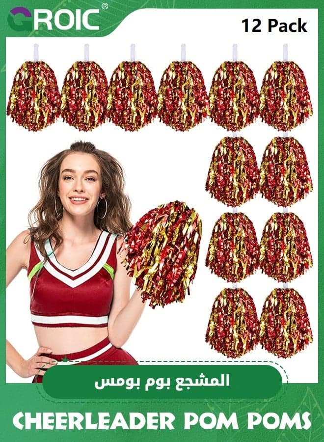 12 Pack Pom Poms Cheerleading Cheerleader Pom Poms Spirited Cheer Pom Poms Cheerleader Pom Poms Baton Handle Metallic Foil Fun Pom Poms for Sports Team Party Dance Cheering, Red and Gold