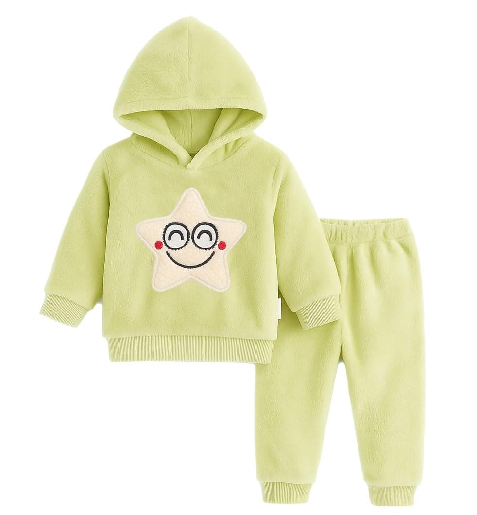 Bold N Elegant Kids Smiling Star Warm Fleece Fur Pullover Sweatshirt Hoodie Tshirt and Jogger Pant Winter Clothing Set Dress for Infant Toddler Kids (Pajama Set, Olive Green, 18 Months-24 Months)