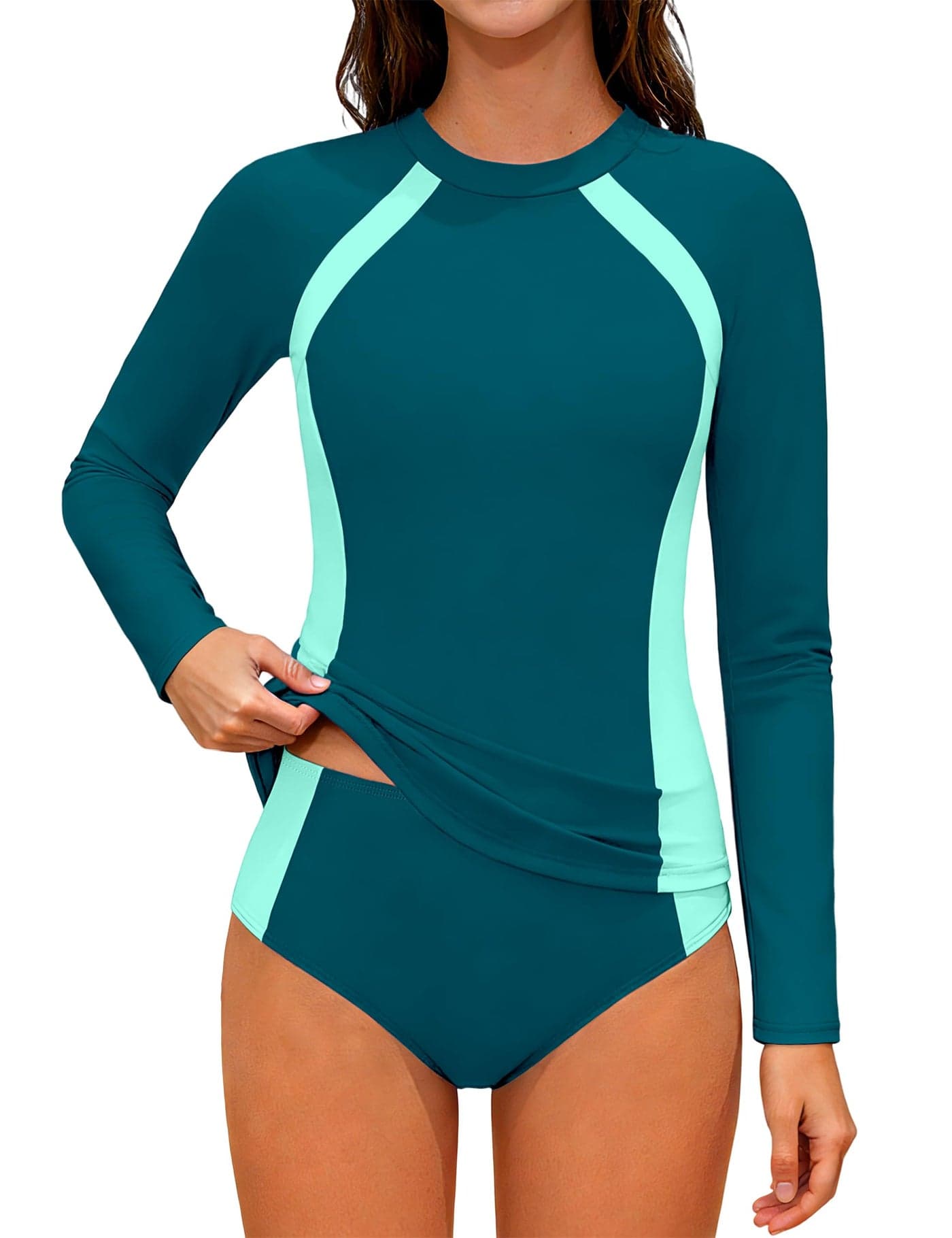 TyeSmo Girls Swimsuits Size 10-12 Rash Guard Swimsuit Long Sleeve Girls Bathing Suits Size 10-12 Two Piece Color Block Swimsuit for Girl 10 12 UPF 50+ Sun Protection Padded Swimwear Green
