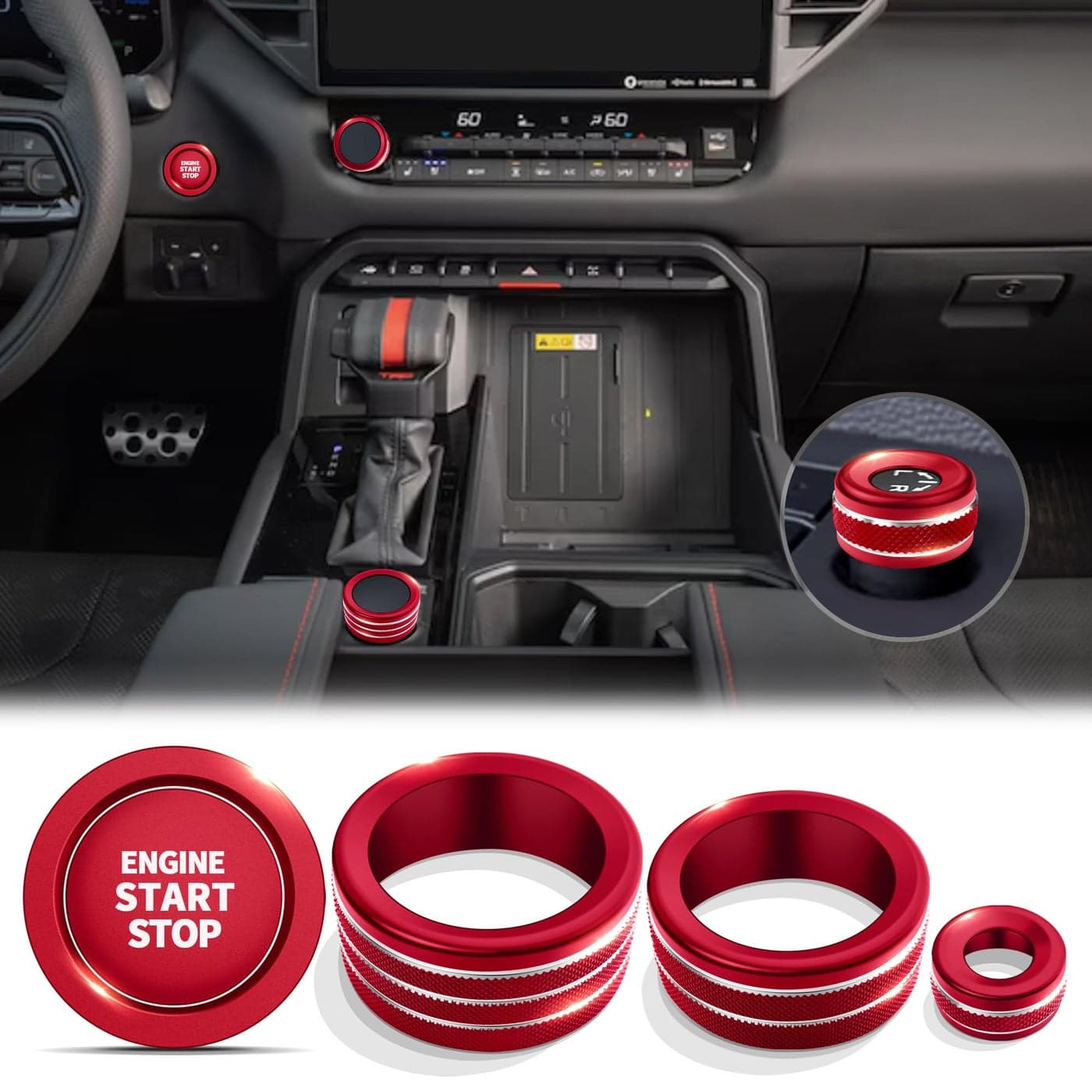 Polodunn Knob Cover Accessories for Toyota Tundra 20222025 Sequoia 20232025 5pcs Aluminum Alloy Trim Set Red 14inch Display Screen