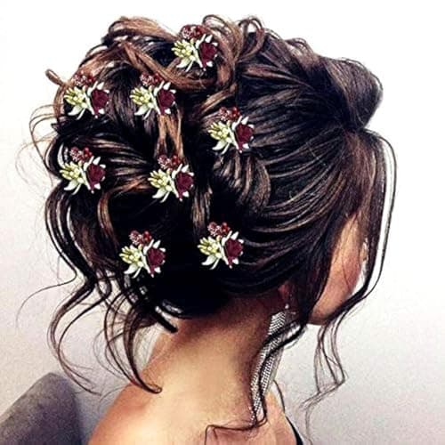 Hair Flare Artificial Rose Hair Pin for Girls, Flowers Hair Accessories For Women, 2148, Maroon, Pack of 8