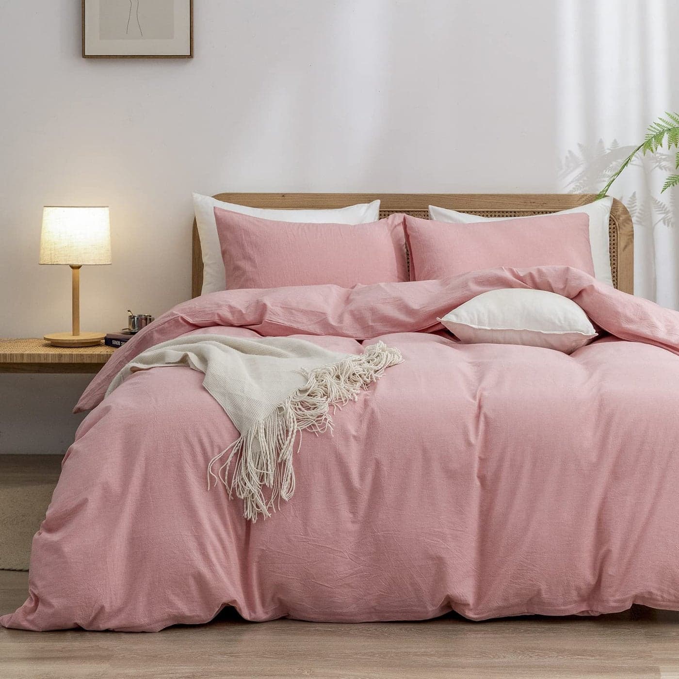 BESTOUCH Duvet Cover Set 100 Washed Cotton Linen Feel Super Soft Comfortable Chic Lightweight 3 PCs Home Bedding Set Solid Red Pink Queen