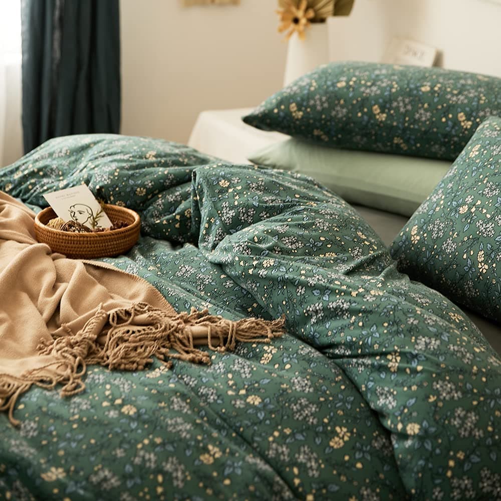 LifeTB Green Floral 100 Jersey Knit Cotton Duvet Cover Queen Vintage Style Botanical Floral Bedding Set Chic Shabby Green Floral Comforter Cover Girl Women Flower Bedding Cover with 2 Pillowcases