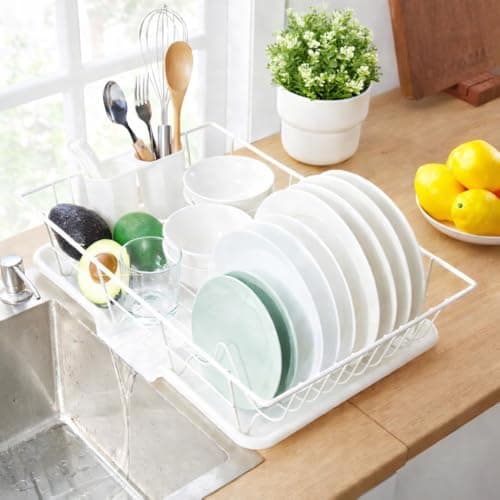 HomeCloud Home Cloud Dish Rack, Steel Rack for Kitchen, Dish Rack | with Tray & Utensil Holder, 1Pc (44 X 30 X 12 Cm) White(Alloy Steel)