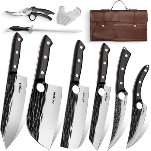 Huusk Knives Set, Serbian Chef Knife Set with Bag, Japanese Kitchen Knives Set, Hand Forged High Carbon Steel Knife Set, Full Tang Knives with Ebony Handle, Christmas Gift for Men and Women